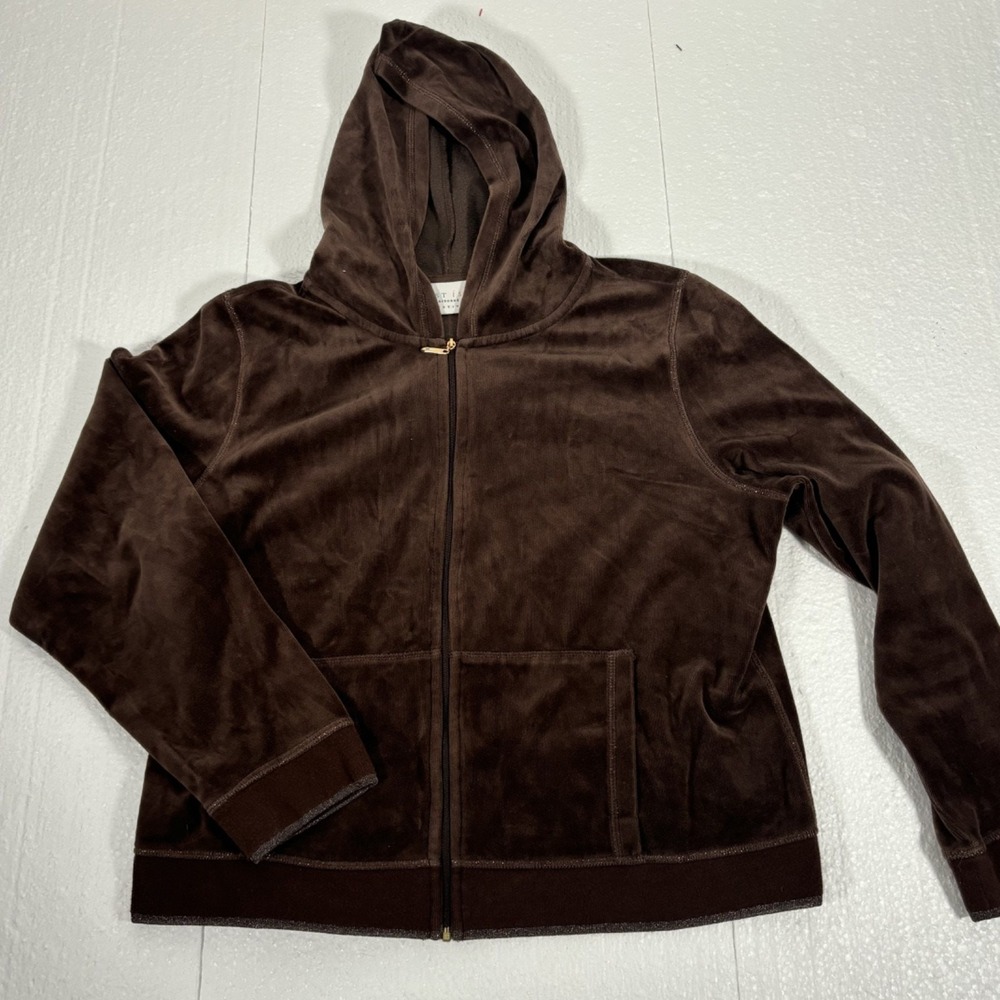 First Issue Liz Claiborne Brown Velour Hoodie Zip Sweatshirt Petite Large P/L